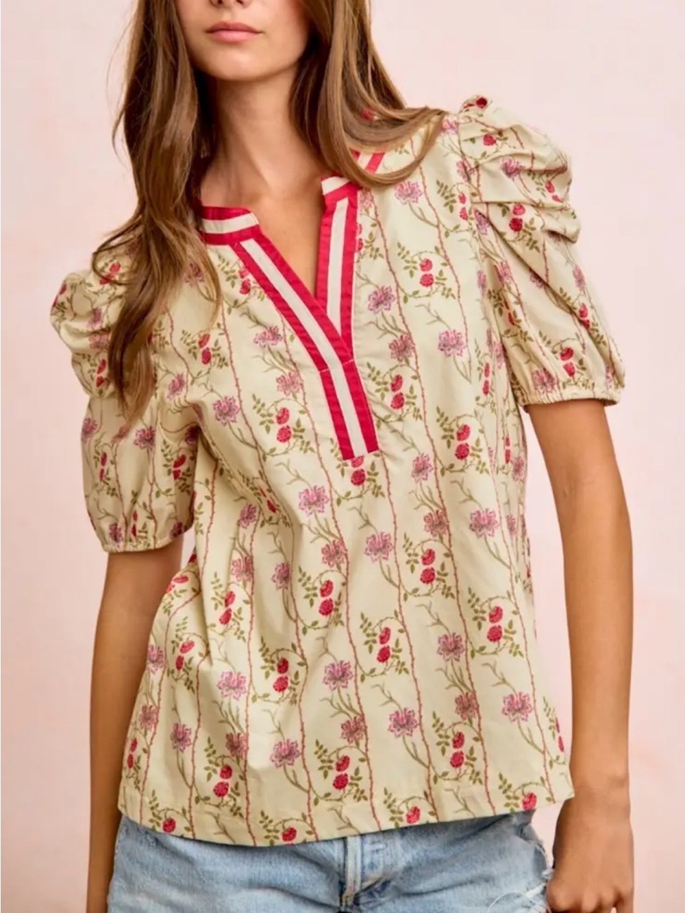 BiBi Cream Floral Puff-Sleeve V-Neck Top with Pink Trim
